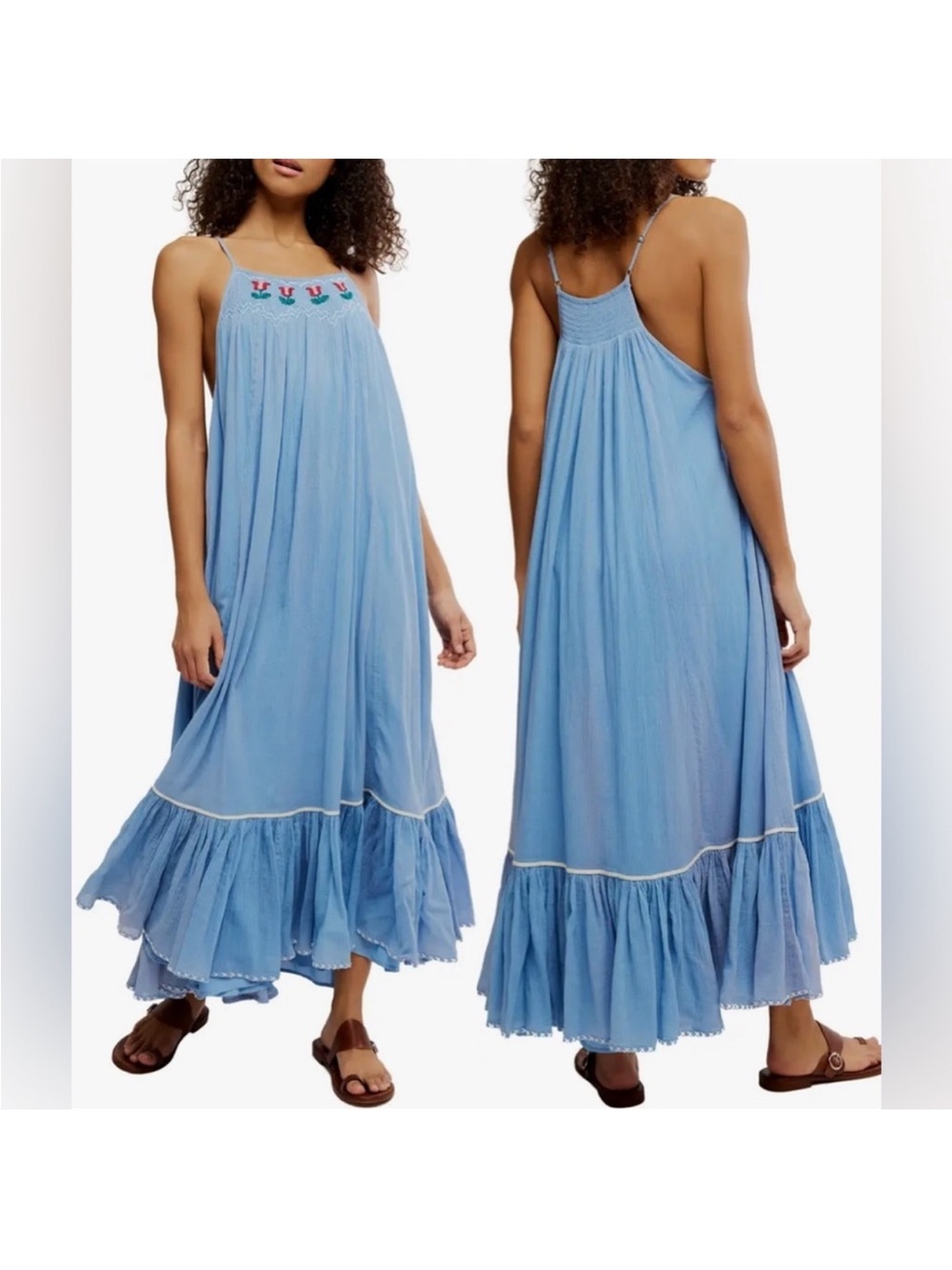 Free People Tip Toeing Tulip Embroidered Gauze maxi Blue Dress - Picture 3 of 9